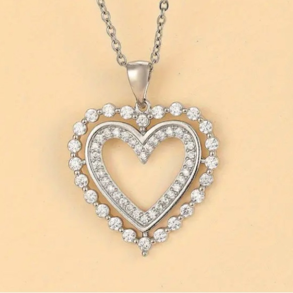Diamond Double Heart Silver Toned Necklace